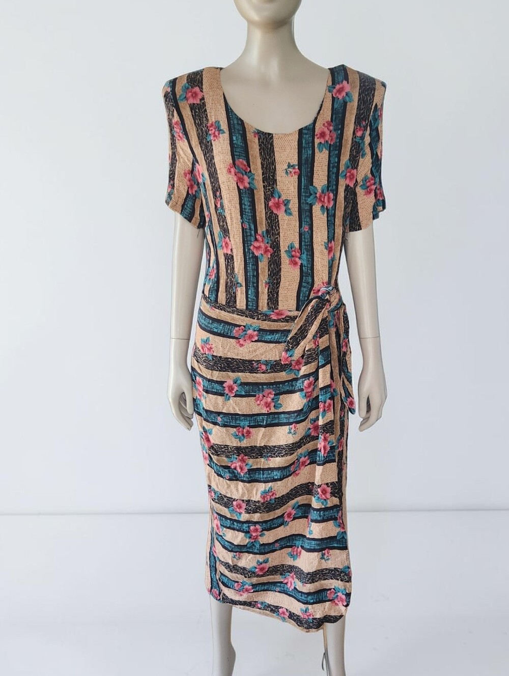 Vintage Sunshine Starshine Faux Wrap Midi Dress Womens 16 M Floral Stripe Tan